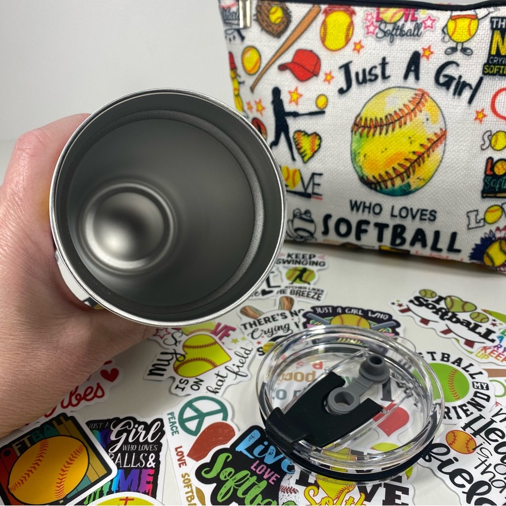 Girl Loves Softball Swag Lot 20oz Tumbler Cosmetic Pouch 40-Piece Sticker Set - Picture 8 of 10
